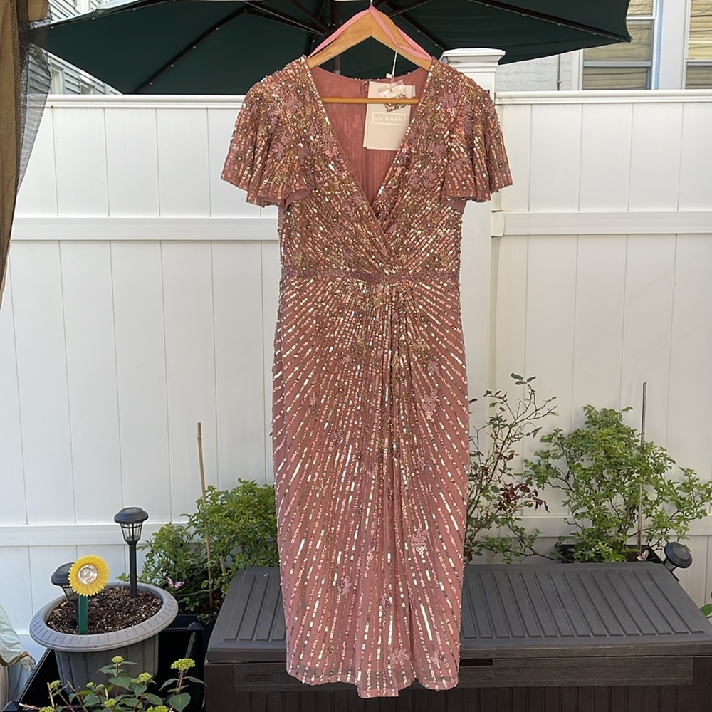 Mac Duggal - Purple Embellished Faux Wrap Flutter Sleeve Dress Size 8 - Picture 3 of 17